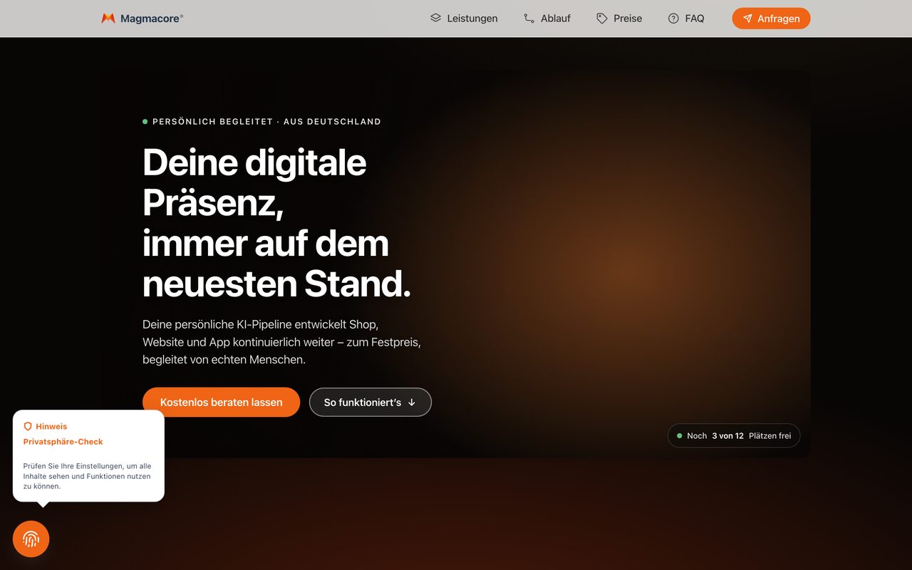Screenshot magmacore.ai — Magmacore, persönliche KI-Pipeline für Shop, Website und App
