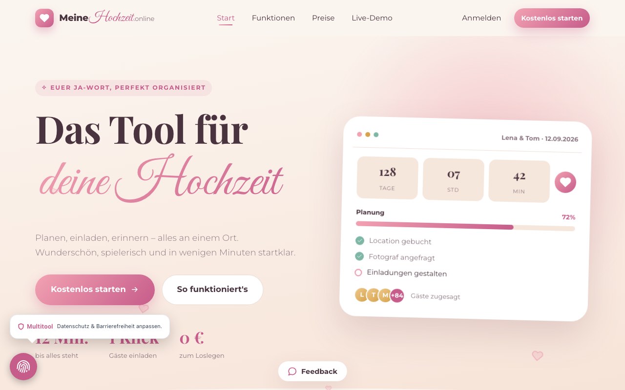 Screenshot meinehochzeit.online — Planungs-Tool für Brautpaare mit Zeitstrahl und Gästeverwaltung